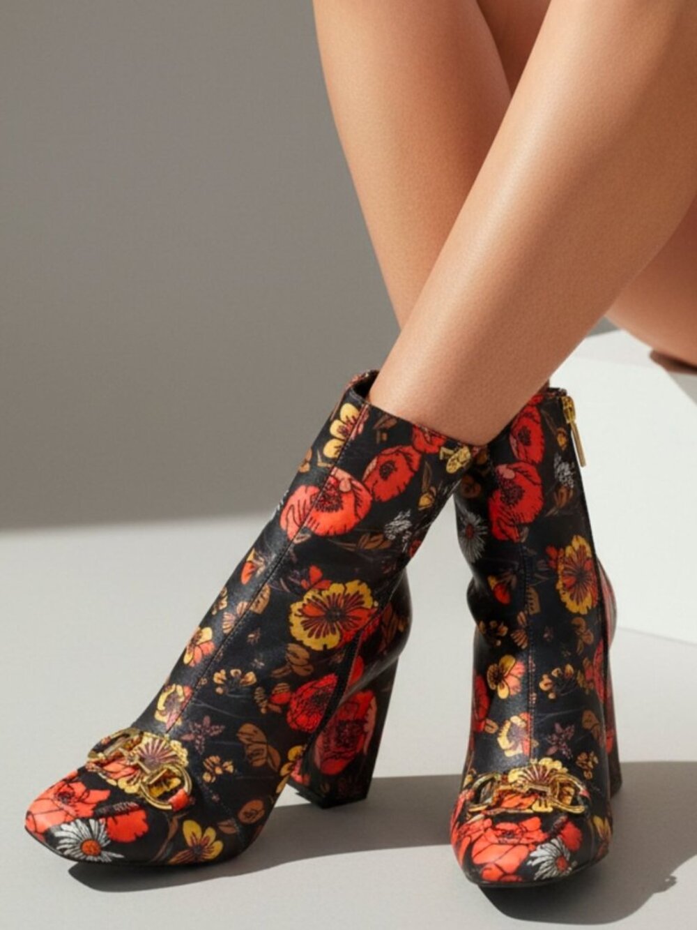 Floral Block Heel Ankle Boots With Gold Buckle Detailing